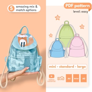 Patron de couture de sac à cordon Zoe avec poches zippées, modèle PDF numérique de sac à main à rabat amovible, kit de bricolage de sac, projet de couture de sac à dos pour tout-petits