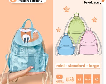 Zoe drawstring bag sewing pattern w zip pockets, removable flap handbag digital PDF pattern, sack diy kit, toddler backpack sewing project