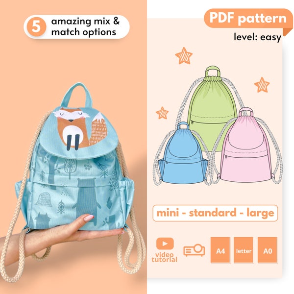 Zoe drawstring bag sewing pattern w zip pockets, removable flap handbag digital PDF pattern, sack diy kit, toddler backpack sewing project