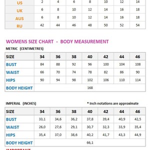 May include: Women's size chart for clothing, showing measurements in inches and centimeters. The chart includes bust, waist, hips, and body height measurements for sizes 34 to 46.