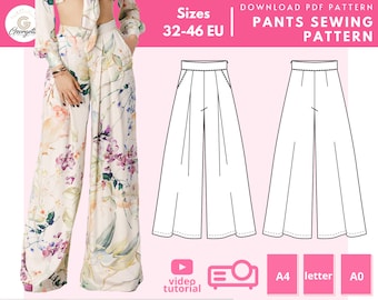 AMALIA wide leg pants sewing pattern 32, 34, 36, 38, 40, 42, 44, 46 EU - PDF A4 Letter and A0 for printing and Projector