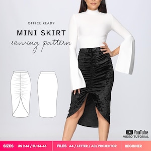May include: A sewing pattern for an office ready mini skirt featuring a black velvet-textured skirt with a front ruched detail and a high slit. The image includes a white long-sleeved top, technical line drawings, and text: OFFICE READY MINI SKIRT sewing pattern.