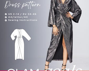 Patrón de costura para vestido anudado con lentejuelas para ocasiones especiales de CARLA DIY, patrón de vestido con frente retorcido de manga larga, vestido formal por encima del tobillo, vestido de fiesta