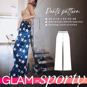 Puede incluir: Patrón de costura para pantalones, tallas US 2-14 / EU 34-46. El patrón está disponible en tamaños A4/carta/AO/proyector. La imagen muestra un patrón de pantalón blanco con una abertura frontal y una modelo con pantalones azules con estrellas blancas.