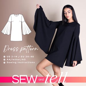 IVY - Bell sleeve mini Dress Sewing Pattern 34 36 38 40 42 44 46 EU, PDF for printing at home