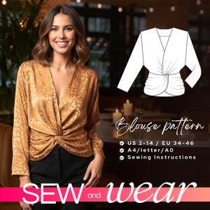 CRINA DIY Bluzka z drapowanym przodem w formacie PDF, cyfrowy wzór do szycia, wzór na bluzkę z węzłem z przodu, elegancki wzór do szycia bluzki z kopertowym dekoltem