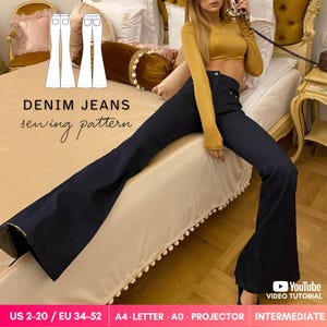 Puede incluir: Un patrón de costura para vaqueros de mezclilla azul oscuro con diseño de pierna acampanada. La imagen muestra el texto DENIM JEANS sewing pattern, YouTube VIDEO TUTORIAL, US 2-20 / EU 34-52, A4, LETTER, A0, PROJECTOR e INTERMEDIATE.