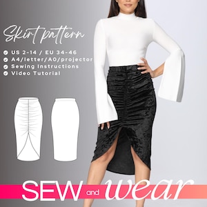MADISON DIY Tailored Ruched & Asymmetrical Midi Skirt pattern, office fitted high waist skirt, tight pencil skirt digital PDF sewing pattern