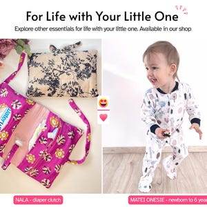 May include: A NALA nappy clutch in bright pink with a floral pattern and a beige clutch with a black botanical print, alongside a MATEI onesie featuring a white base with a multi-coloured abstract tree and shape pattern, with text For Life with Your Little One.