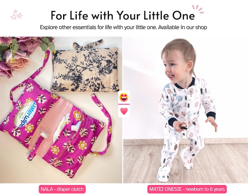 May include: A NALA nappy clutch in bright pink with a floral pattern and a beige clutch with a black botanical print, alongside a MATEI onesie featuring a white base with a multi-coloured abstract tree and shape pattern, with text For Life with Your Little One.