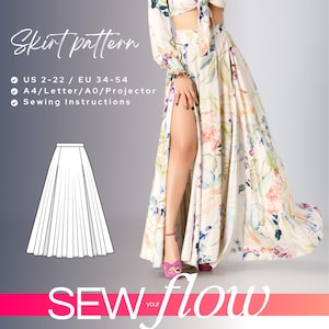 Freesia Printable Circle Skirt Pattern, three quarter circle skirt sewing pattern, high waist floor length skirt pattern 34-54 EU