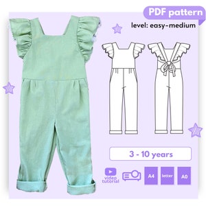 MARILU toddler girl pinafore linen jumpsuit sewing pattern, kids overall, one piece romper 3 - 10 Years Pdf A4 Letter, A0 and Projector