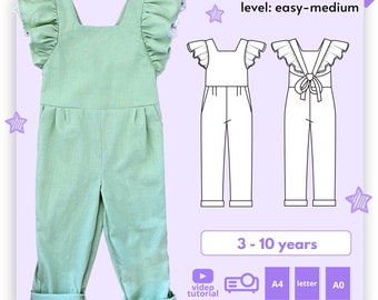 MARILU toddler girl pinafore linen jumpsuit sewing pattern, kids overall, one piece romper 3 - 10 Years Pdf A4 Letter, A0 and Projector