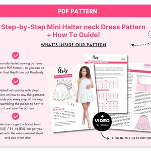 May include: A digital PDF sewing pattern for a mini halter neck dress titled Aris. The document includes a size chart, step-by-step instructions with illustrations, and a video tutorial link. The pattern covers US sizes 2-14 and EU sizes 34-46.