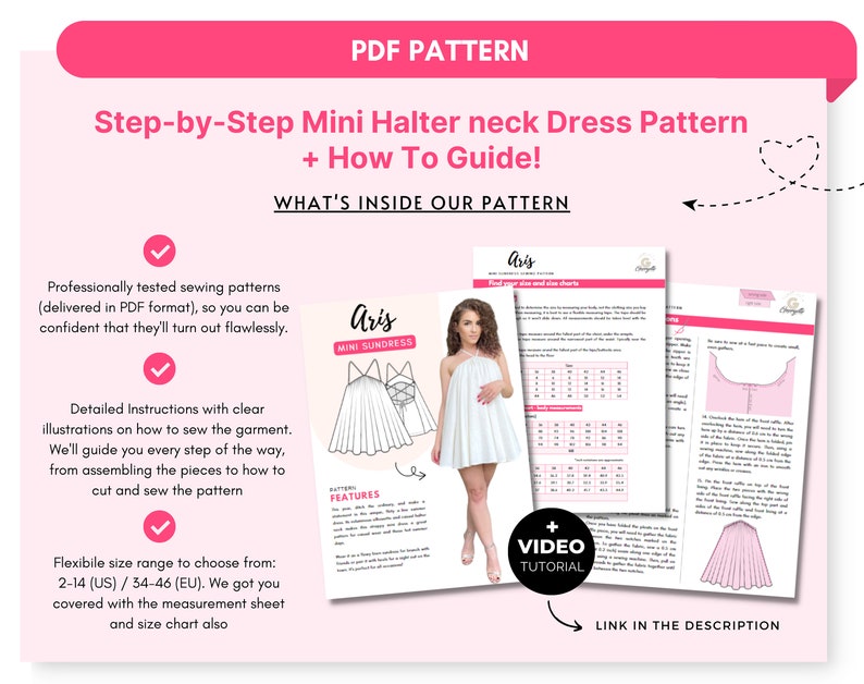 May include: A digital PDF sewing pattern for a mini halter neck dress titled Aris. The document includes a size chart, step-by-step instructions with illustrations, and a video tutorial link. The pattern covers US sizes 2-14 and EU sizes 34-46.