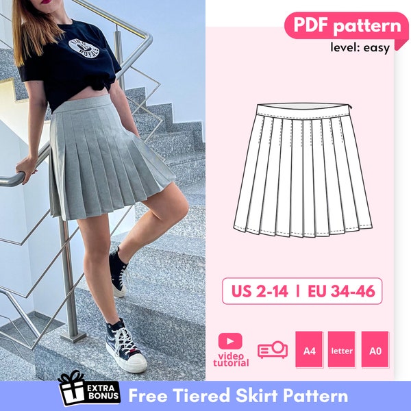 DIANA Y2K Tennis Skirt Sewing Pattern 34 36 38 40 42 44 46 EU, PDF A4, Letter and A0 for printing and Projector