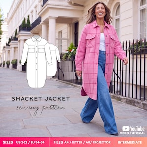 Puede incluir: Un patrón de costura para una sobrecamisa o shacket de manga larga con estampado de cuadros, dos bolsillos en el pecho y dobladillo curvo. El diseño incluye dibujos técnicos, el texto SHACKET JACKET sewing pattern y tallas EU 34-54.