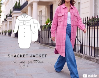 Fallon Shacket PDF Sewing Pattern for Women: Long Oversized Wool Overshirt, Button Front, EU 34-54, US 2-22
