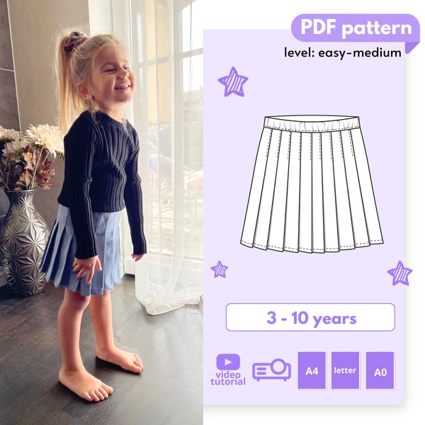 Anais DIY Toddler Girl Pleated Tennis Skirt Pattern, A-Line cheerleader jupe numérique PDF patron de couture, collège évasé Harajuku Jupe