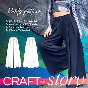 Patrón de costura para pantalones palazzo de cintura alta SPACE 34-54 EU, PDF A4, Carta, A0 para imprimir y archivos para proyector