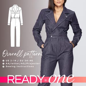 ISABEL Tuxedo Denim Jumpsuit sewing pattern 34 36 38 40 42 44 46 EU, PDF A4, Letter and A0 for printing and Projector
