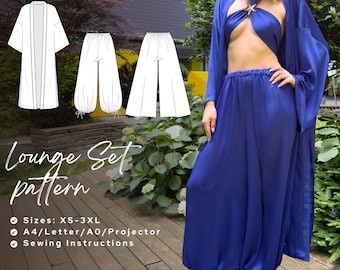 Patrón de costura en PDF del conjunto Leyla Lounge: bata kimono y pantalones harem convertibles (tallas XS-3XL)