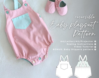 Patrón de costura de mono y pantuflas reversibles para bebé (PDF): patrón de pelele, zapatitos, conjunto para recién nacido, ropa para bebé DIY