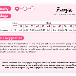 May include: A Freesia circle skirt sewing pattern information sheet on a light pink background. It includes a yardage chart with fabric width and size columns, a fabric suggestion section, and text regarding digital download and printing instructions.