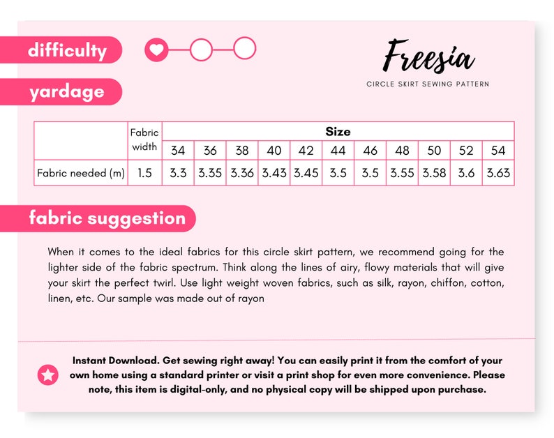 May include: A Freesia circle skirt sewing pattern information sheet on a light pink background. It includes a yardage chart with fabric width and size columns, a fabric suggestion section, and text regarding digital download and printing instructions.