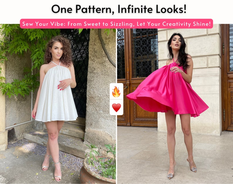 May include: A short, sleeveless halter-neck dress with a flared, pleated skirt. The image displays two versions of the same dress: one in solid white and one in solid hot pink. Text at the top reads: One Pattern, Infinite Looks! Sew Your Vibe.