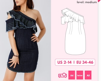 Kasya DIY denim mini bodycon dress digital PDF sewing pattern, one shoulder tight stretch dress pattern, sculpting hourglass snug dress