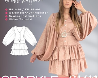 MARIA plunged draped mini dress pattern, pdf download oversized puff sleeve dress sewing pattern,  PDF dress digital pattern