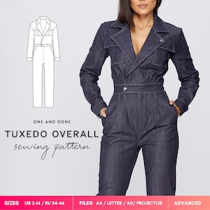 May include: A dark blue denim jumpsuit with long sleeves, a collared neckline, two chest pockets, and a cinched waist with a button closure. The text reads: ONE AND DONE TUXEDO OVERALL sewing pattern. SIZES US 2-14 / EU 34-46. FILES A4 / LETTER / A0 / PROJECTOR. ADVANCED.