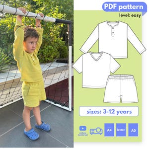 Lou DIY Boys Summer Set Sewing Pattern, Shorts With Pockets Toddler Pattern, Short & Long Sleeve Top Kids Printable Pattern + Video Tutorial