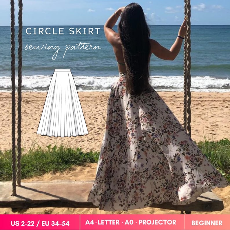 May include: A circle skirt sewing pattern featuring a white fabric with a multi-colored floral print. The image includes a technical line drawing of the skirt, the text CIRCLE SKIRT sewing pattern, and size information US 2-22, EU 34-54.