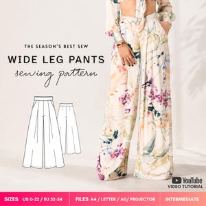 Naaipatroon voor een broek met wijde pijpen (PDF) | Palazzo broek met hoge taille en zakken | AMALIA | EU 32-54 | A4 A0 Letter Projector