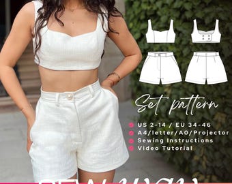 Patrón de costura para conjunto de top con escote corazón y pantalones cortos de cintura alta Sophie, patrón de conjunto de dos piezas, patrón PDF digital