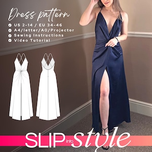 Patron de robe nuisette en satin SANDRA 34 36 38 40 42 44 46 UE - PDF A4 Letter et A0 pour impression et projecteur
