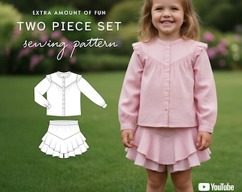 LUNA girls two piece set sewing pattern, girl shorts pattern + shirt pattern for girls, Digital Pdf A4, Letter, A0 and Projector