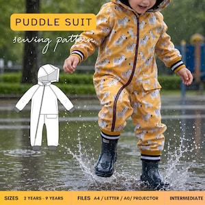 May include: A yellow puddle suit with a zebra print pattern, featuring a hood, long sleeves, and a front zip. A white line drawing of the same suit is displayed alongside. Text on the image reads PUDDLE SUIT sewing pattern, SIZES 2 YEARS - 9 YEARS, FILES A4 / LETTER / A0 / PROJECTOR, INTERMEDIATE.