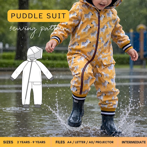 Kids Puddle Suit Sewing Pattern, pdf softshell toddler jumpsuit pattern, boilersuit sewing pattern / 2-9 Years