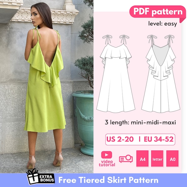 Gia DIY slip robe modèle de couture, modèle de robe d’été à froufrous, robe de mariée en satin, col plongeant en V révélant la robe modèle de couture PDF numérique