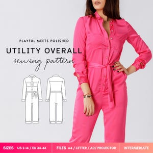 Peut inclure: Une combinaison utilitaire rose vif à manches longues avec une fermeture boutonnée, un col et une ceinture à nouer. L'image contient le texte PLAYFUL MEETS POLISHED UTILITY OVERALL sewing pattern et un dessin technique du vêtement.