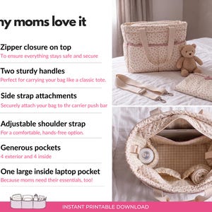 May include: A quilted beige tote bag with a small floral pattern, featuring two top handles, a zip closure, an adjustable shoulder strap, and four exterior pockets. The interior includes four pockets and a large laptop compartment.
