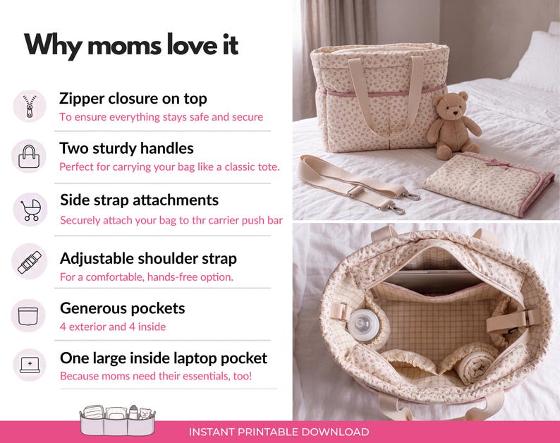 May include: A quilted beige tote bag with a small floral pattern, featuring two top handles, a zip closure, an adjustable shoulder strap, and four exterior pockets. The interior includes four pockets and a large laptop compartment.