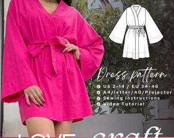 Patrón de costura en PDF del kimono BLAIR, vestido de verano corto holgado en tallas 34 36 38 40 42 44 46 EU - PDF A4, Carta y A0 para imprimir y proyectar