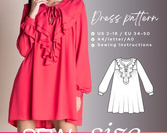 Patrón de costura para vestido babydoll: minivestido con volantes y mangas abullonadas (PDF digital)