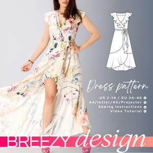 MICHELLE wrap dress pdf pattern, cotton wrap dress printable pattern with sewing tutorial and, boho maxi dress, tie front asymmetrical dress