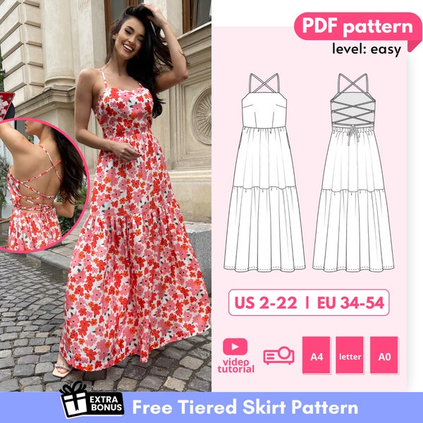 Aimee DIY square neck tiered dress pattern, summer backless cottagecore frock, flared lace up apron dress, maxi prairie PDF digital pattern