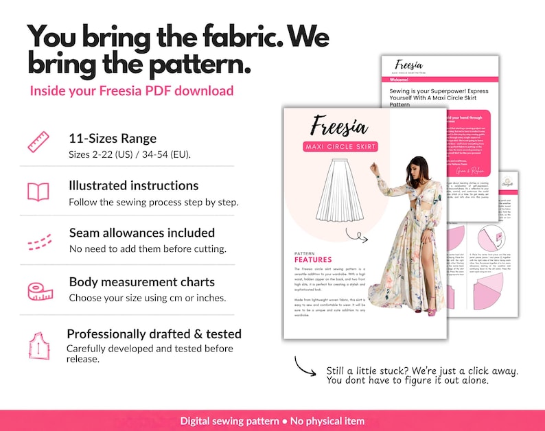 May include: A digital sewing pattern for a Freesia maxi circle skirt, featuring a range of 11 sizes from 2-22 US. The document includes illustrated instructions, seam allowances, body measurement charts, and a visual guide for the skirt design.